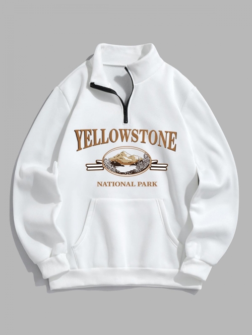 ZAFUL Men's YELLOWSTONE Mountain Graphic Quarter Zip Fleece Lined Sweatshirt L White