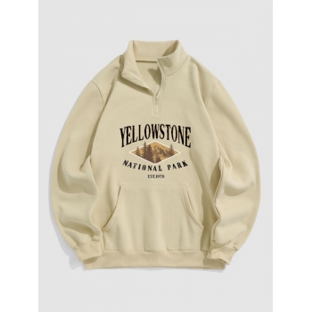 ZAFUL Men's YELLOWSTONE NATIONAL PARK Trees Graphic Pattern Quarter Zip Fleece-lined Sweatshirt L Light coffee