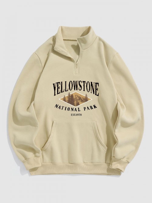 ZAFUL Men's YELLOWSTONE NATIONAL PARK Trees Graphic Pattern Quarter Zip Fleece-lined Sweatshirt L Light coffee