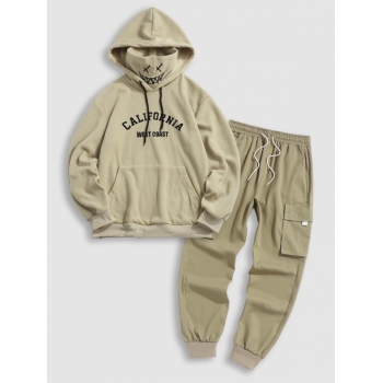 ZAFUL Men's Letter Vintage Graphic Embroidered Fleece Mask Hoodie with Techwear Cargo Pants Set Light coffee