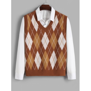 ZAFUL Men's ZAFUL Colorblock Rhombus Pattern Knitted Sweater Vest Xl Coffee