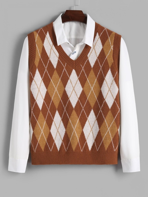 ZAFUL Men's ZAFUL Colorblock Rhombus Pattern Knitted Sweater Vest Xl Coffee