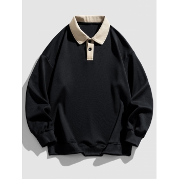 ZAFUL Men's Color Spliced Polo Collar Sweatshirt L Black