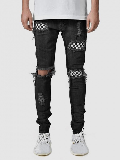 ZAFUL Men's Checkerboard Patch Design Distressed Jeans 34 Black