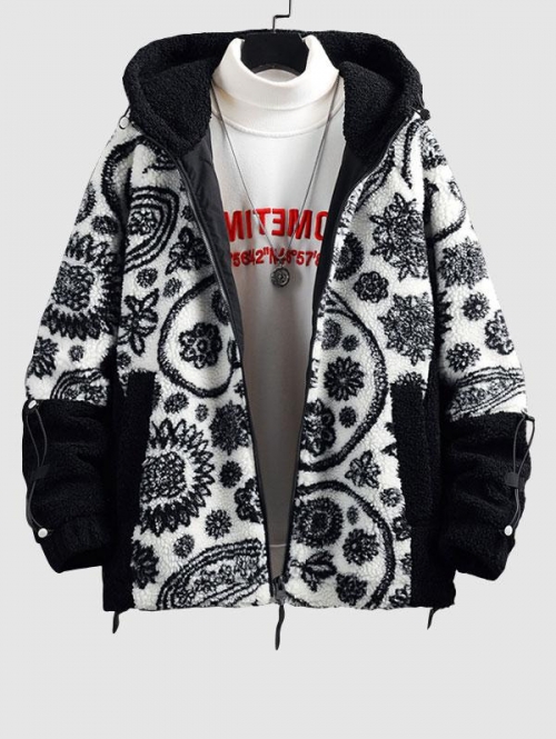 ZAFUL Men's Paisley Pattern Fluffy Teddy Hooded Jacket L White