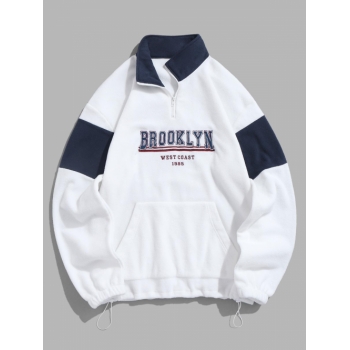 ZAFUL Men's Quarter Zip Colorblock BROOKLYN WEST COAST Embroidery Polar Fleece Thermal Lined Pullover Sweatshirt L White