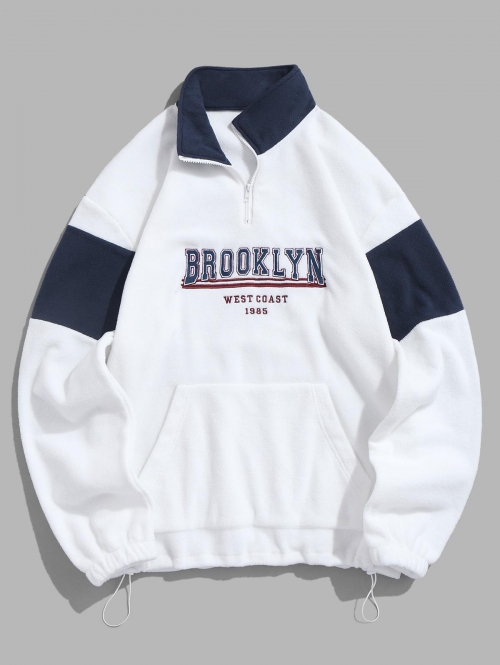 ZAFUL Men's Quarter Zip Colorblock BROOKLYN WEST COAST Embroidery Polar Fleece Thermal Lined Pullover Sweatshirt L White