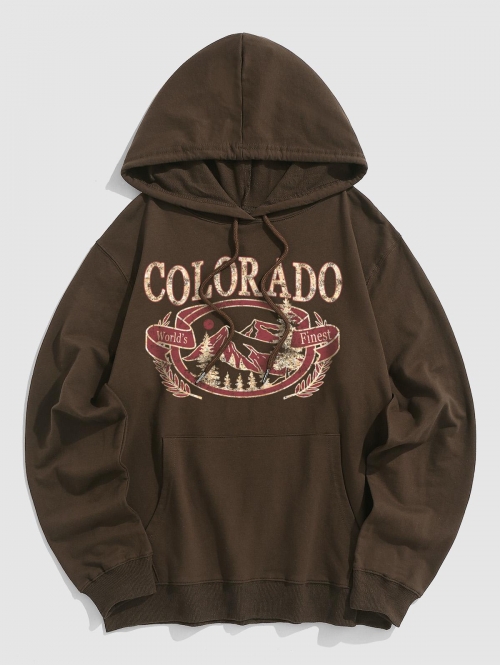 ZAFUL Men's Colorado Mountain Graphic Pattern Pullover Hoodie L Deep coffee