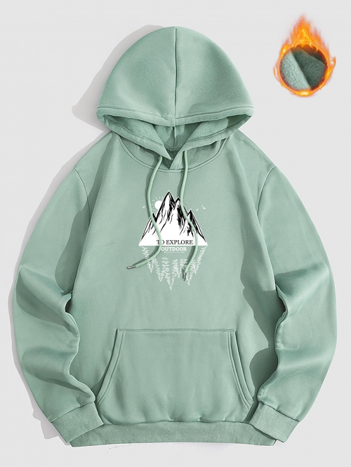 ZAFUL Men's Mountains Graphic Fleece Thermal Lined Front Pocket Pullover Hoodie Xxl Light green