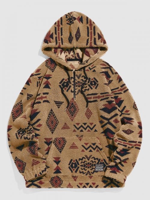 ZAFUL Men's ZAFUL Quarter Zip Pocket Ethnic Aztec Tribal Print Pullover Fuzzy Hoodie L Coffee