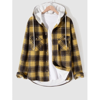 ZAFUL Men's Flap Pocket Design Plaid Pattern Hooded Shacket L Golden brown