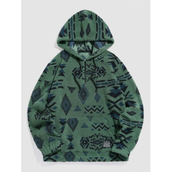 ZAFUL Men's ZAFUL Quarter Zip Pocket Ethnic Aztec Tribal Print Pullover Fuzzy Hoodie L Deep green