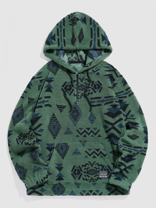 ZAFUL Men's ZAFUL Quarter Zip Pocket Ethnic Aztec Tribal Print Pullover Fuzzy Hoodie L Deep green