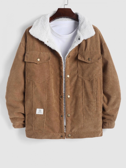 ZAFUL Men's Corduroy Pocket Teddy Lined Patched Design Jacket L Coffee