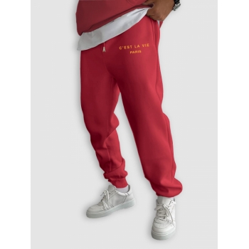 ZAFUL Men's C'EST LA VIE PARIS Letter Printed Drawstring Fleece-lined Sports Jogger Pants M Red