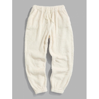 ZAFUL Men's Solid Color Fluffy Teddy Beam Feet Pants L White