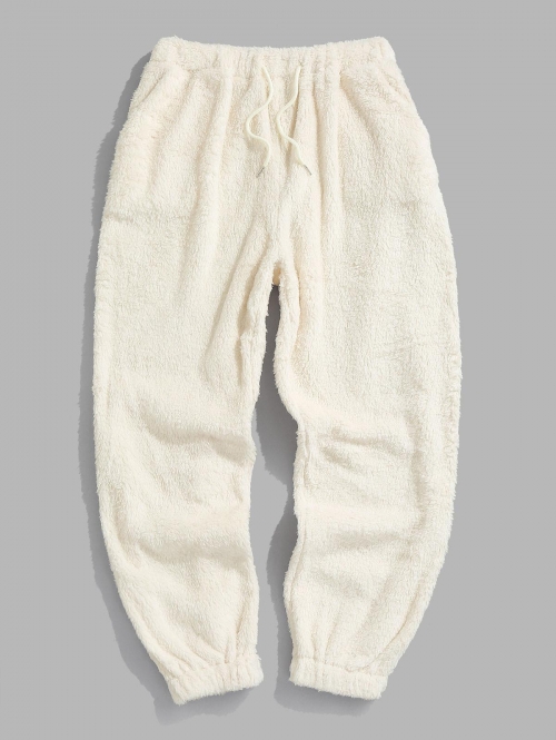 ZAFUL Men's Solid Color Fluffy Teddy Beam Feet Pants L White