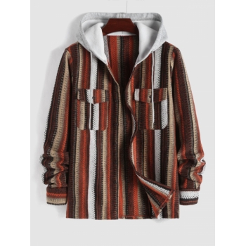 ZAFUL Men's Front Pocket Design Striped Knitted Hooded Jacket Xxl Deep coffee