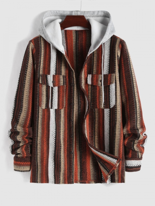 ZAFUL Men's Front Pocket Design Striped Knitted Hooded Jacket Xxl Deep coffee