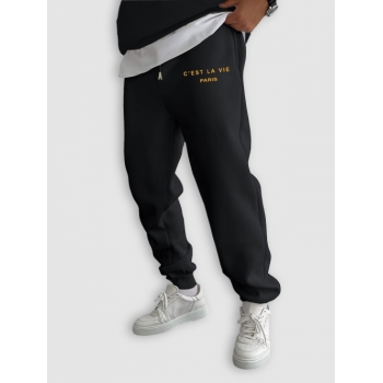 ZAFUL Men's C'EST LA VIE PARIS Letter Printed Drawstring Fleece-lined Sports Jogger Pants L Black