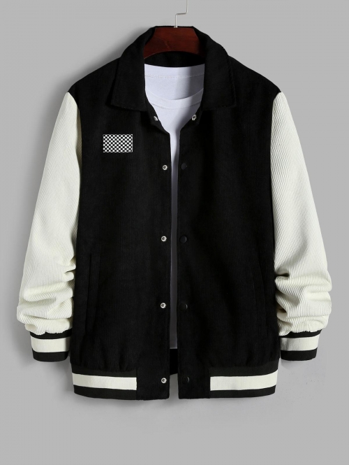 ZAFUL Men's Checkerboard Patched Colorblock Corduroy Baseball Varsity Jacket Xxl Black