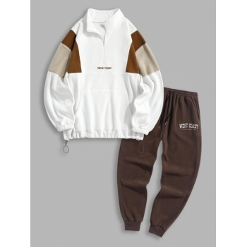 ZAFUL Men's Polar Fleece Letter Embroidery Colorblock Half Zip Sweatshirt and Sweatpants Set Outfit Coffee