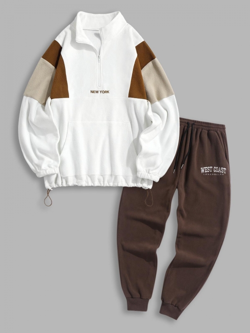 ZAFUL Men's Polar Fleece Letter Embroidery Colorblock Half Zip Sweatshirt and Sweatpants Set Outfit Coffee