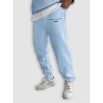 ZAFUL Men's C'EST LA VIE PARIS Letter Printed Drawstring Fleece-lined Sports Jogger Pants L Light blue