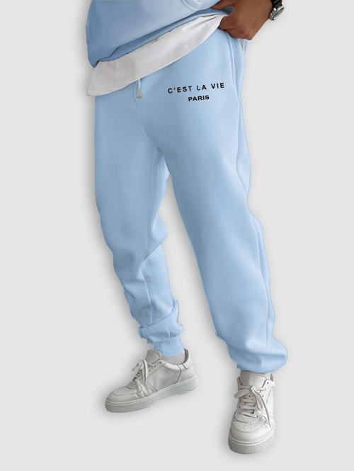 ZAFUL Men's C'EST LA VIE PARIS Letter Printed Drawstring Fleece-lined Sports Jogger Pants M Light blue