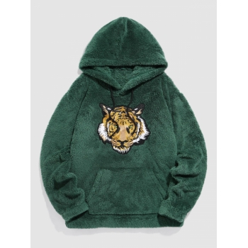 ZAFUL Men's ZAFUL Tiger Embroidered Pocket Fluffy Hoodie L Deep green