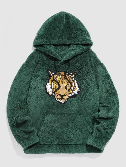 ZAFUL Men's ZAFUL Tiger Embroidered Pocket Fluffy Hoodie L Deep green