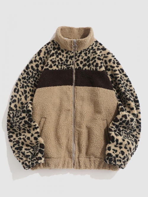 ZAFUL Men's Leopard Print Fluffy Faux Sherpa Zip Fly Jacket M Coffee