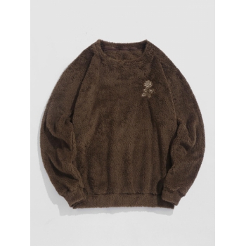 ZAFUL Men's Fluffy Rose Embroidered Teddy Sweatshirt L Deep coffee