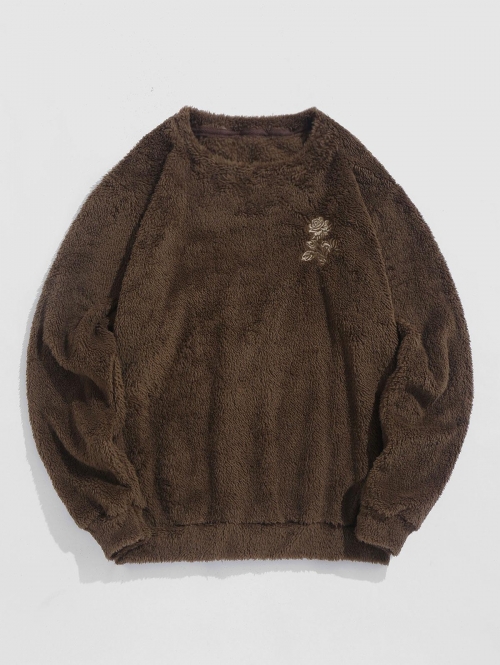 ZAFUL Men's Fluffy Rose Embroidered Teddy Sweatshirt L Deep coffee