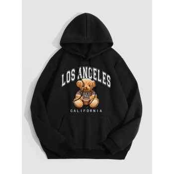 ZAFUL Men's LOS ANGELES CALIFORNIA Bear Graphic Fleece Thermal Lined Pocket Pullover Hoodie L Black