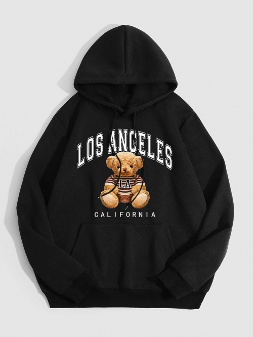 ZAFUL Men's LOS ANGELES CALIFORNIA Bear Graphic Fleece Thermal Lined Pocket Pullover Hoodie L Black