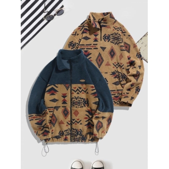 ZAFUL Men's Ethnic Aztec Tribal Print Zip Fly Fluffy Jacket with Quarter Zip Teddy Sweatshirt Coffee