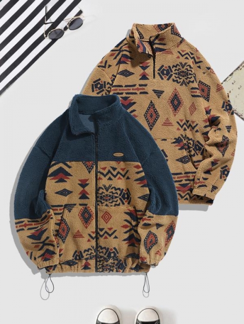 ZAFUL Men's Ethnic Aztec Tribal Print Zip Fly Fluffy Jacket with Quarter Zip Teddy Sweatshirt Coffee