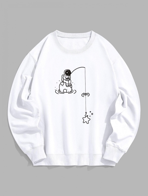 ZAFUL Men's Fishing Rod and Astronaut Print Casual Sweatshirt M White