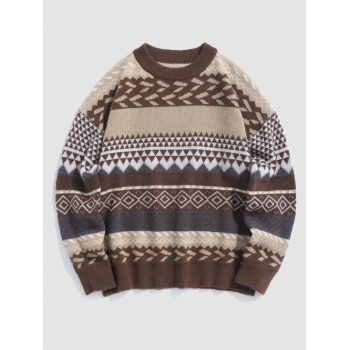 ZAFUL Men's Ethnic Aztec Graphic Crew Neck Sweater L Coffee