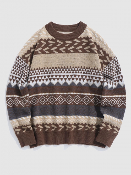 ZAFUL Men's Ethnic Aztec Graphic Crew Neck Sweater L Coffee