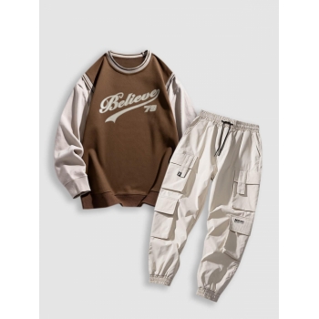 ZAFUL Men's Letter Printed Colorblock Faux Twinset Sweatshirt and Multi Flap Pockets Techwear Pants Set Light coffee