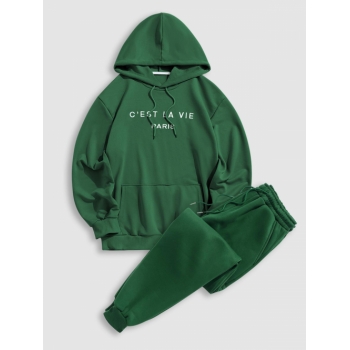 ZAFUL Men's Letter Embroidery Streetwear Pullover Hoodie and Fleece-lined Casual Sweatpants Set Deep green