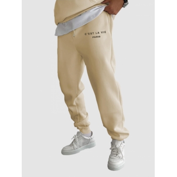 ZAFUL Men's C'EST LA VIE PARIS Letter Printed Drawstring Fleece-lined Sports Jogger Pants M Light coffee