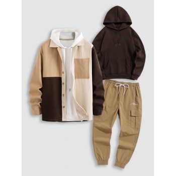 ZAFUL Men's Colorblock Woolen Jacket Fleece Lined Hoodie Jogger Cargo Pants 3PC Winter Streetwear Outfits Coffee