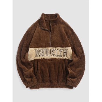 ZAFUL Men's ZAFUL Two Tone Color BROOKLYN Embroider Half Zip Fluffy Teddy Faux Fur Sweatshirt Xxl Coffee