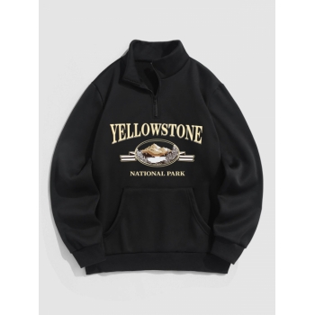 ZAFUL Men's YELLOWSTONE Mountain Graphic Quarter Zip Fleece Lined Sweatshirt M Black