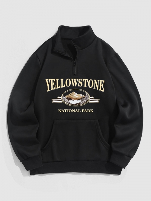 ZAFUL Men's YELLOWSTONE Mountain Graphic Quarter Zip Fleece Lined Sweatshirt M Black