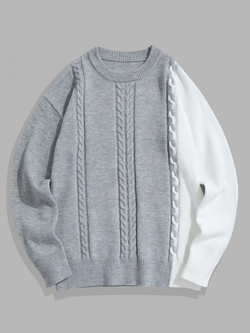 ZAFUL Men's Two Tone Colorblock Cable Knitted Design Sweater L Light gray