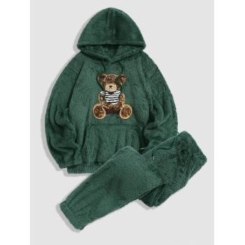 ZAFUL Men's Bear Pattern Pullover Fluffy Teddy Hoodie and Beam Feet Pants Faux Fur Set Deep green